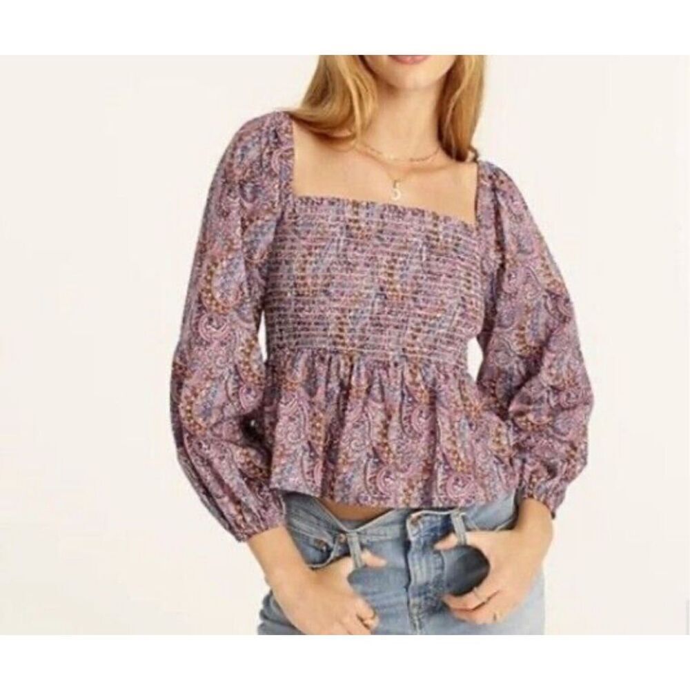 J Crew Liberty Boho Multi Paisley Tropical Prince Print Smocked Puff Sleeve Top
